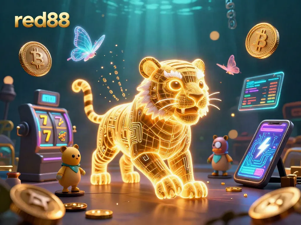 Experience the vibrant energy of red88 in this ultra-detailed 3D casino scene featuring a glowing tiger and dynamic elements.