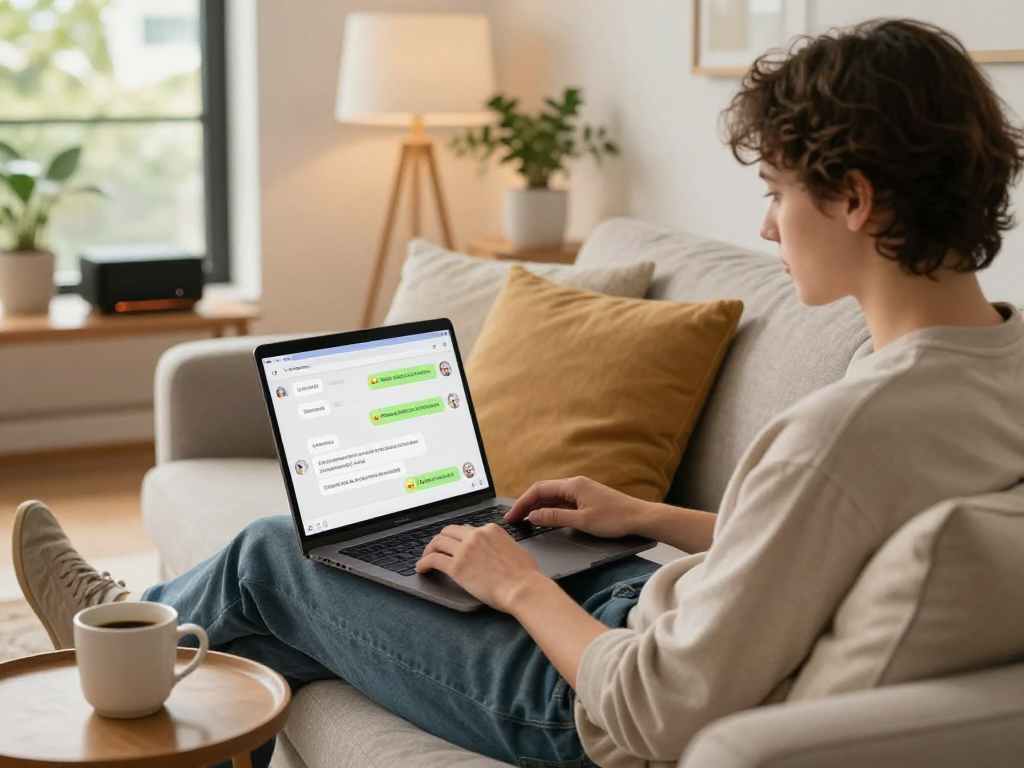 Engaging user using ai dirty chat on a laptop in a stylish living room with coffee, showcasing modern interaction.
