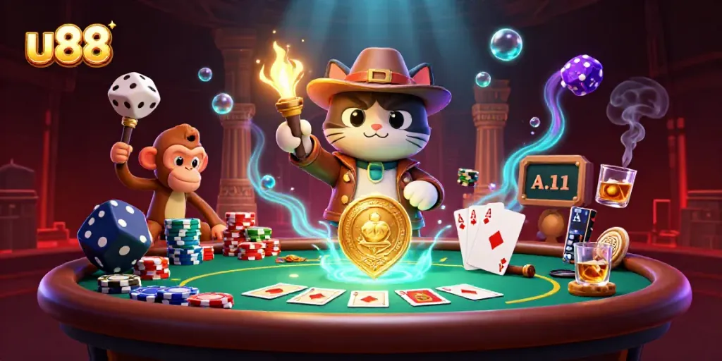 Experience high-stakes gaming with vibrant u88-themed casino elements and characters in action.