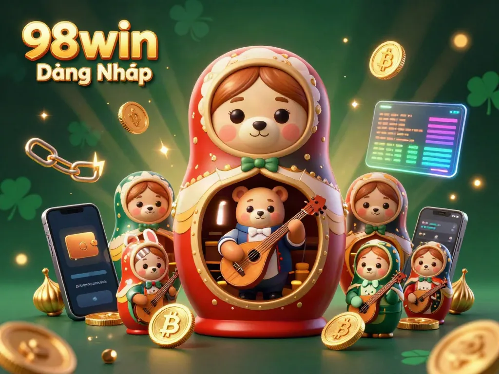 Experience the excitement of 98win Đăng Nhập through a vibrant, lively casino scene filled with animated characters and cryptocurrency elements.