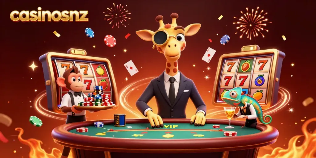 Experience exciting casino adventures with casinosnz as lucky characters celebrate big wins.
