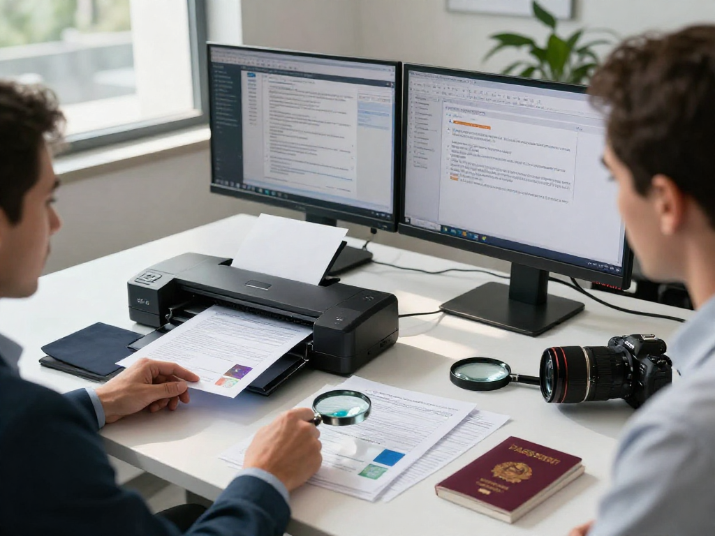 Compliance analyst reviewing document fraud detection processes in a modern office setting.