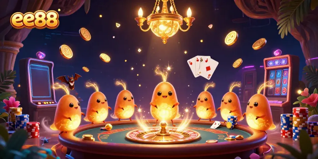 Play at ee88's vibrant cave casino, illuminated by glowworms and dynamic game elements.