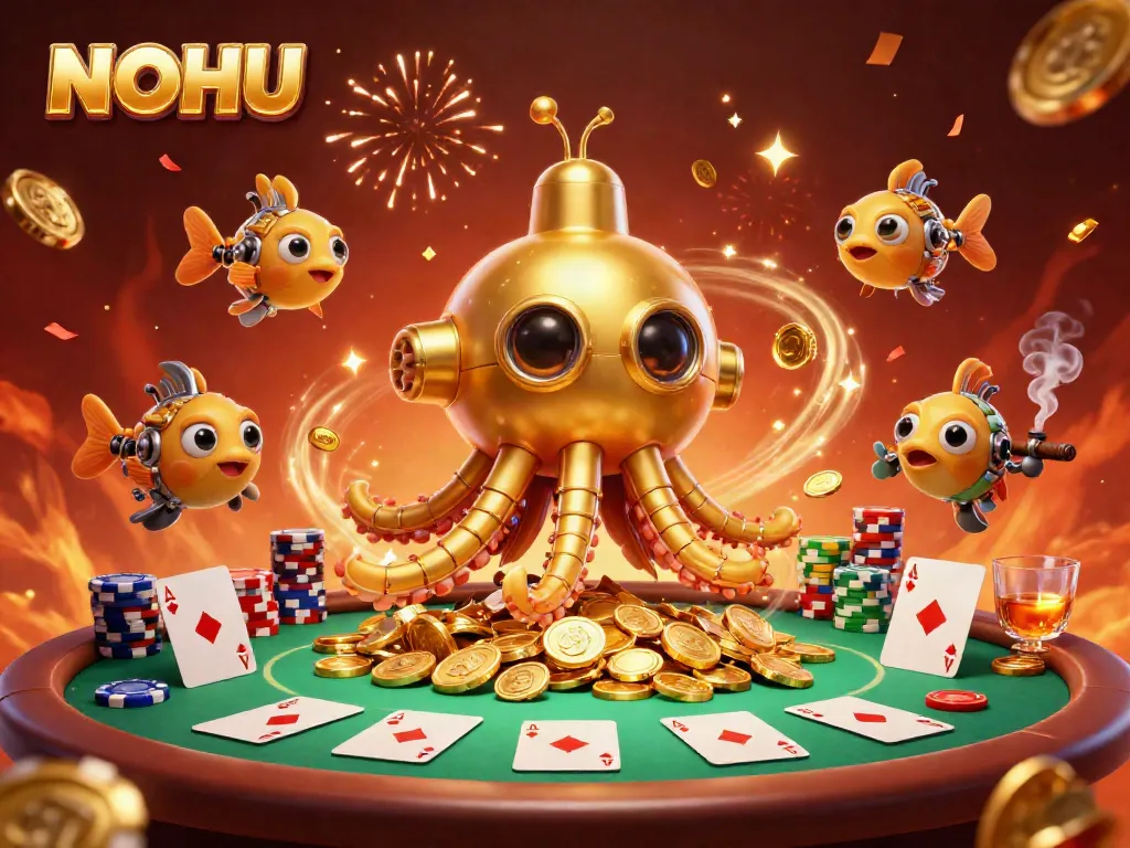 Experience the thrilling adventure of NOHU with a golden kraken submarine amidst vast poker elements and treasures.