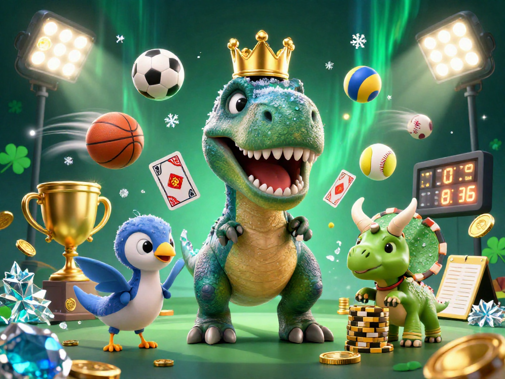 8 day T-Rex shuffling cards surrounded by sports elements and golden chips in vibrant 3D casino scene.