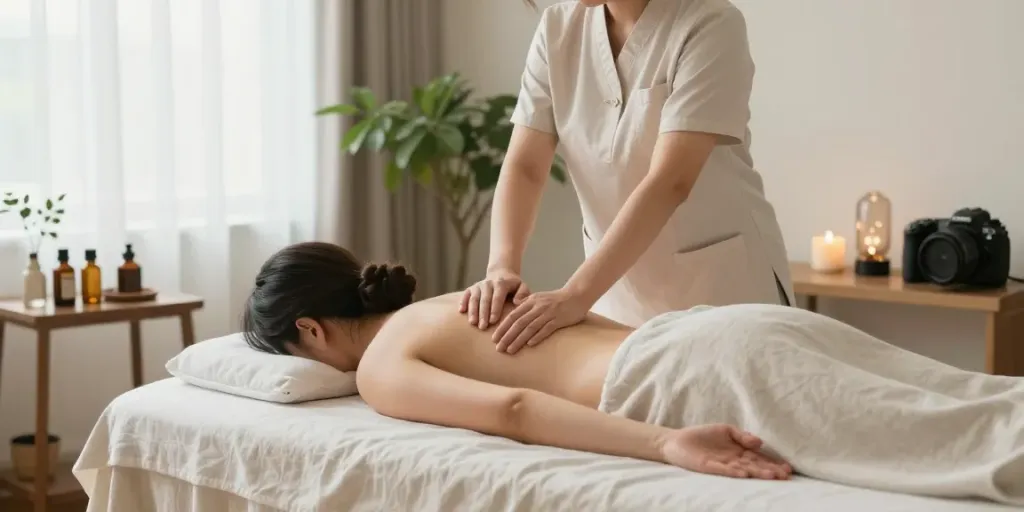 Relaxing 서초출장안마 scene with therapist and client in a serene massage therapy setting.