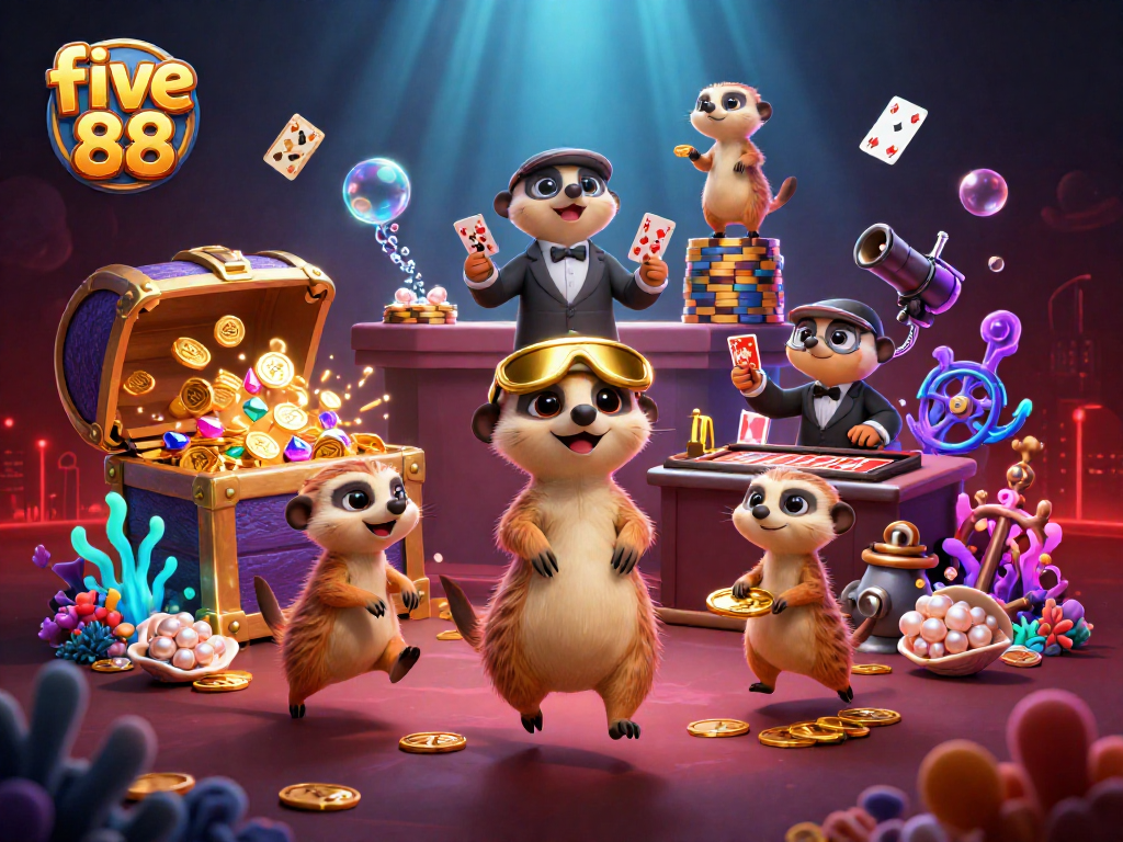Experience the excitement of five 88 with cartoon meerkats running a casino, featuring colorful gems and gold.