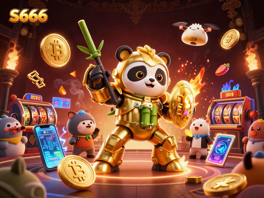 S666 showcases a thrilling jackpot scene with a mech-suit panda and vibrant slots around it.