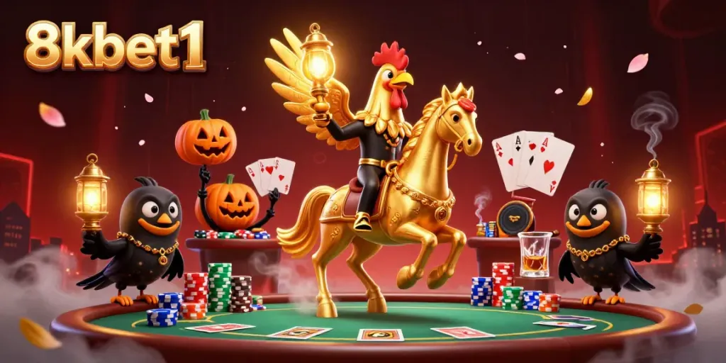 Experience the thrill of 8xbet1 with a golden rooster and friends in a vibrant casino setting.