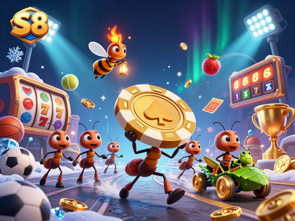 Engage with S8’s vibrant heist scene featuring playful ants and golden casino elements.