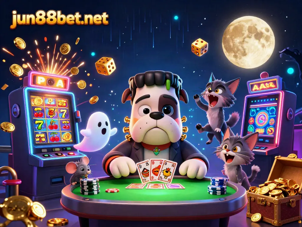 Engaging scene showcasing jun88bet net with a Frankenstein bulldog dealing cards, slots, and a werewolf kitten.