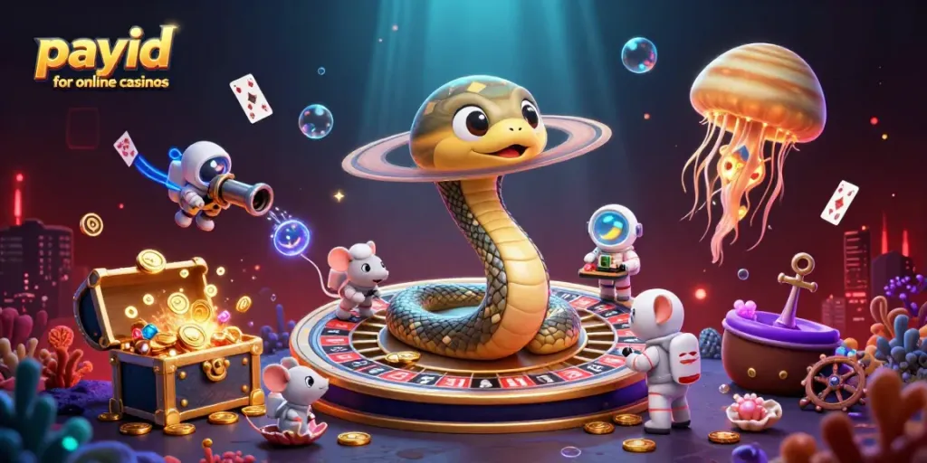 Engage with PayID for online casinos through a vibrant cosmic-themed illustration.