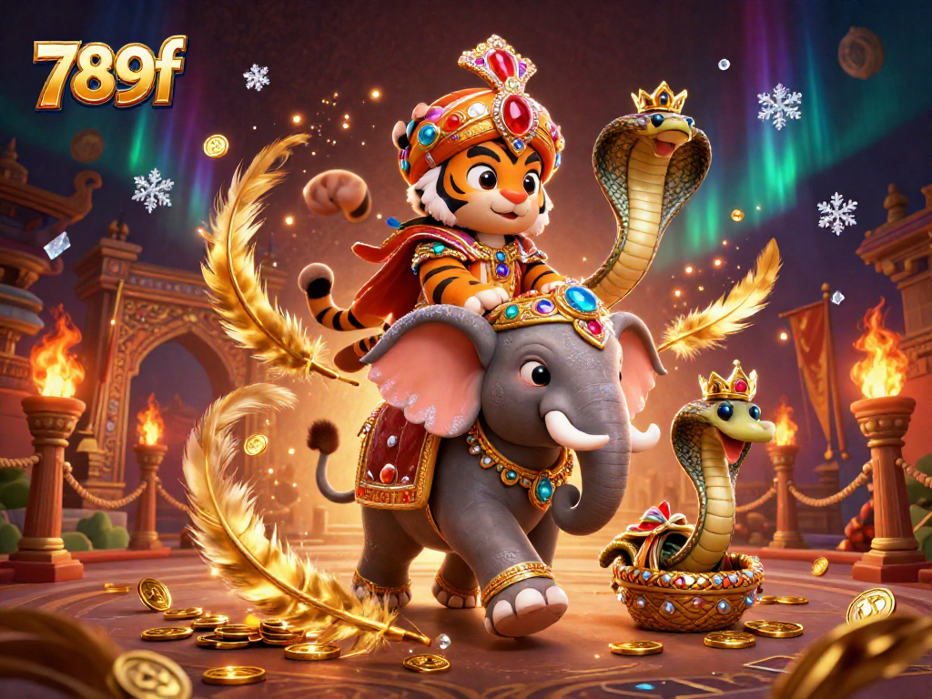 Experience thrilling games at 789f with a spectacular tiger riding an elephant in a vibrant casino scene.