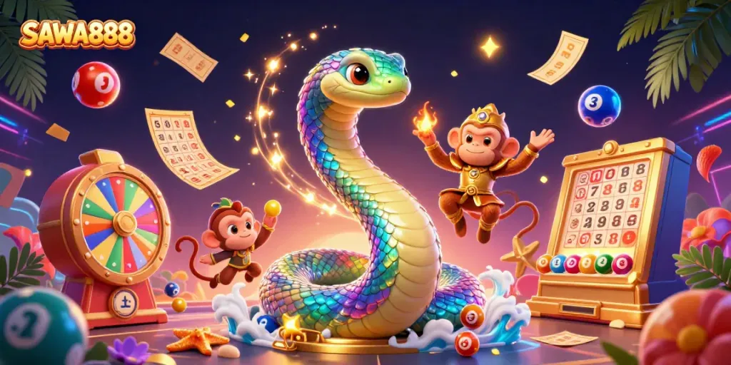 Experience thrilling gameplay with SAWA888, featuring colorful casino elements and vibrant characters.