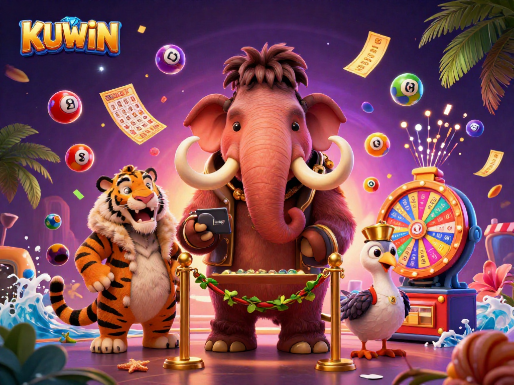 Experience KUWIN's thrilling lottery action with cartoon characters amidst a vibrant casino scene.
