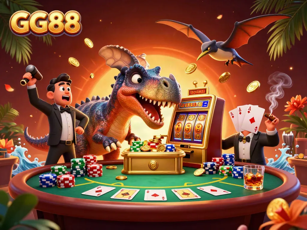 Celebrate profits at GG88 with a cartoon dinosaur hitting a slot machine, surrounded by vibrant casino imagery.