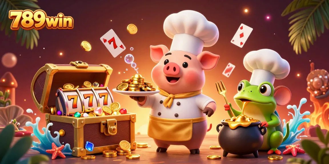 The 789win casino scene features a chef pig serving gold coins in a rich, vibrant underwater setting.