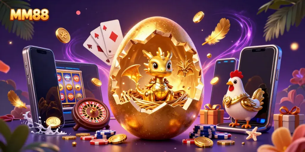 Engage with MM88 as a golden dragon emerges from a nest of poker chips in an exciting gaming scene.