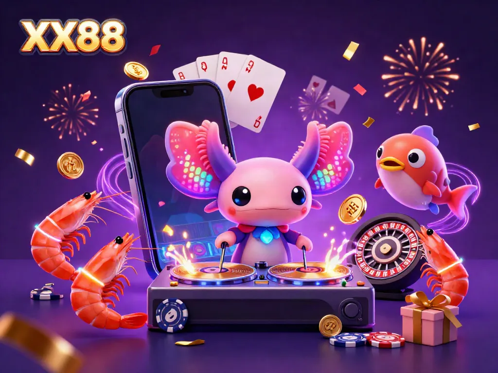 Experience the vibrant energy of XX88 with neon characters celebrating big wins in a 3D casino scene.