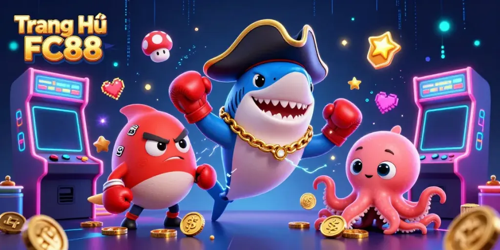 Engage with Trang Chủ FC88 as a shark, pufferfish, and octopus navigate a vibrant casino scene.