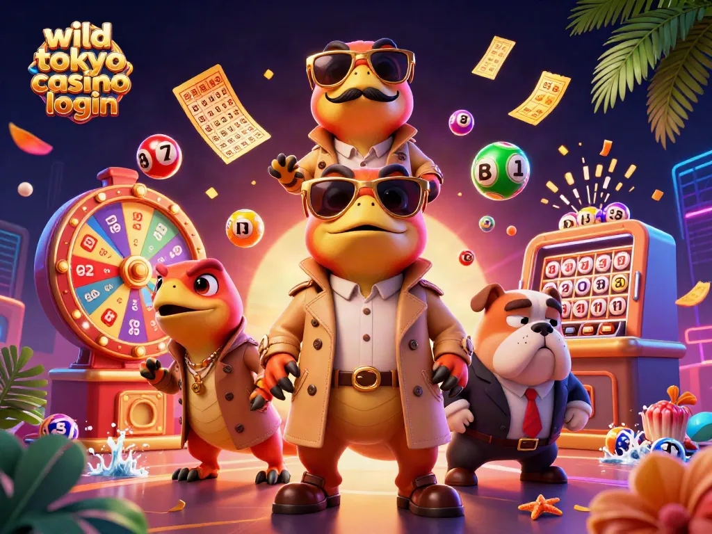 Experience the excitement of Wild Tokyo Casino login with vibrant game elements and cartoon characters.