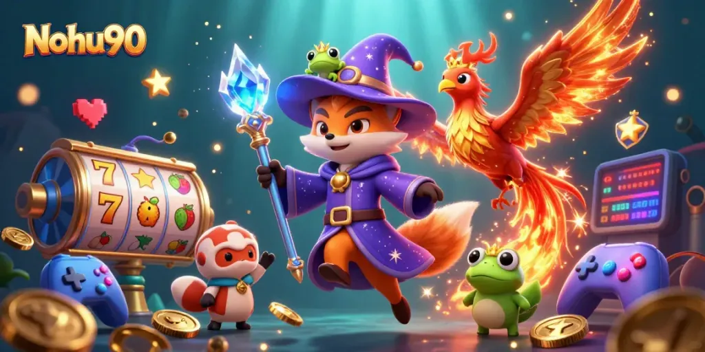 Experience thrilling slots with Nohu90's dynamic mystical gaming illustration featuring a wizard, phoenix, and enchanted elements.