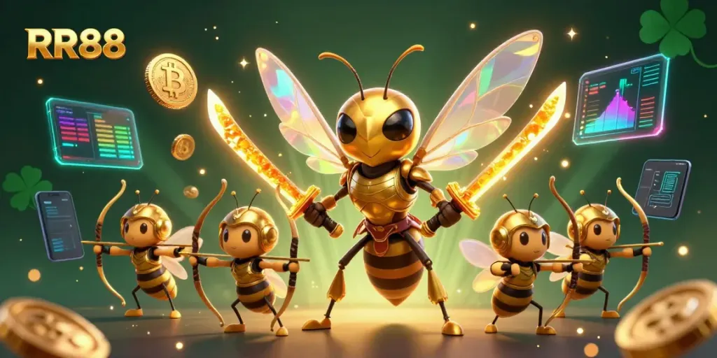 RR88 shines with a golden hornet in samurai armor and beekeepers amid neon cryptocurrency elements.