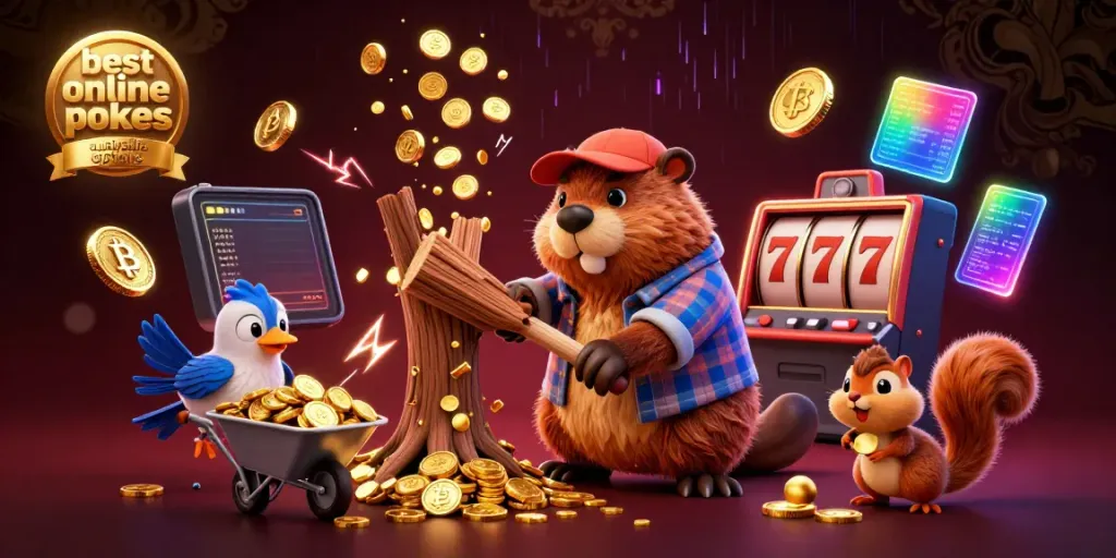 Engage with the best online pokies Australia options featuring vibrant, cartoon-style elements like a lumberjack beaver and coins.