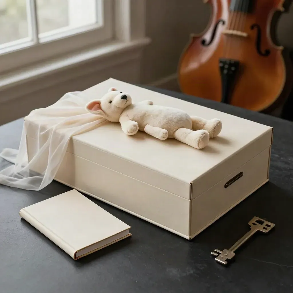 Box nascita con mussola, peluche e libricino su base scura, luce morbida ed elegante.