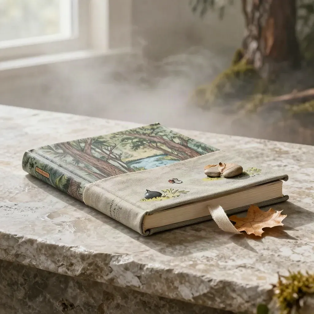 Libro illustrato chiuso su pietra bagnata con foglia secca e nastro di lino