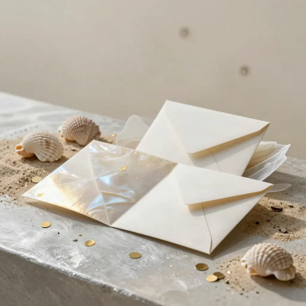 Set inviti sirena con buste, confetti metallici e conchiglie su pietra chiara.