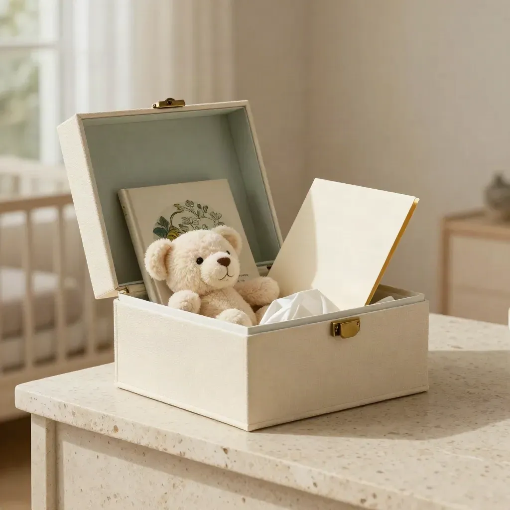 Cofanetto fiabesco aperto con libro illustrato, peluche e biglietto su plinto in travertino.