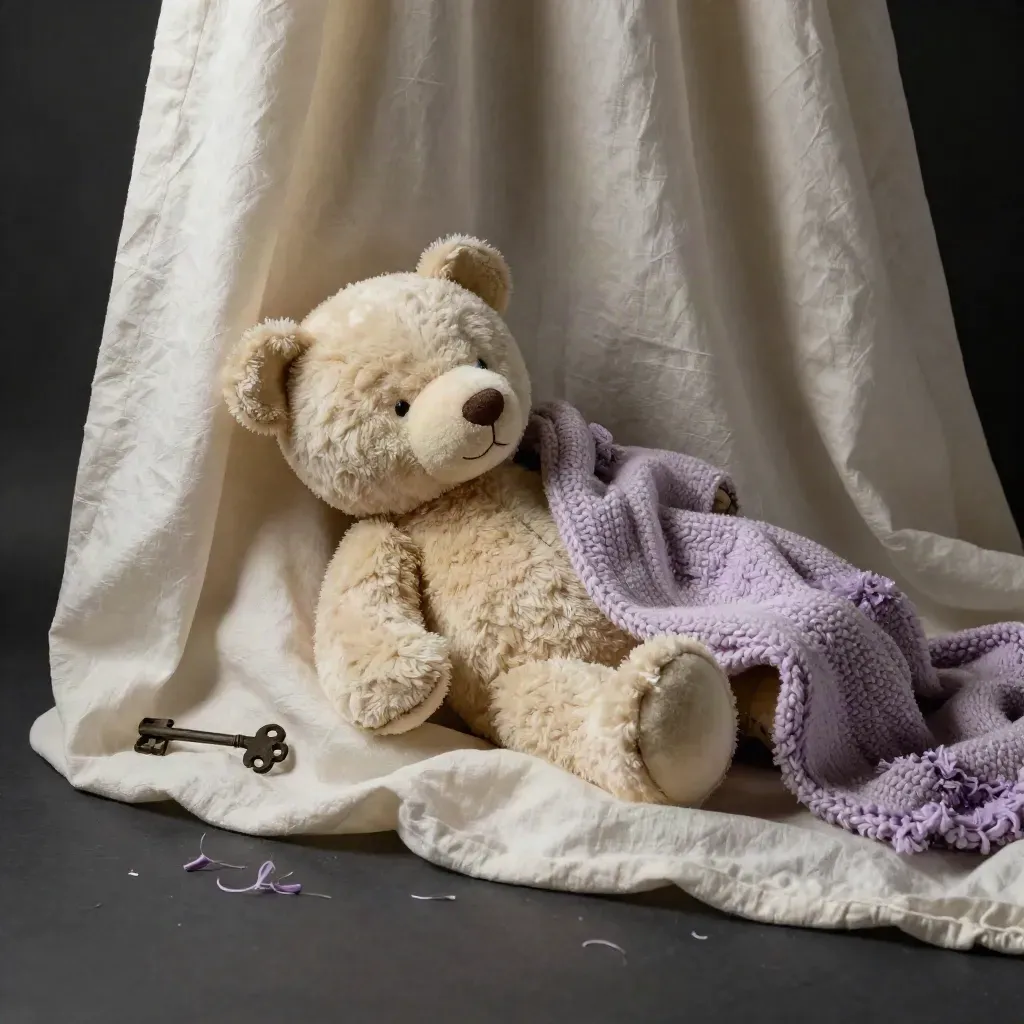 Orsetto di peluche crema tra pieghe di lino con copertina a maglia, luce drammatica.