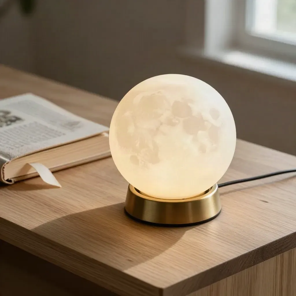 Lampada luna opalina accanto a libro chiuso su legno chiaro, luce calda soffusa.