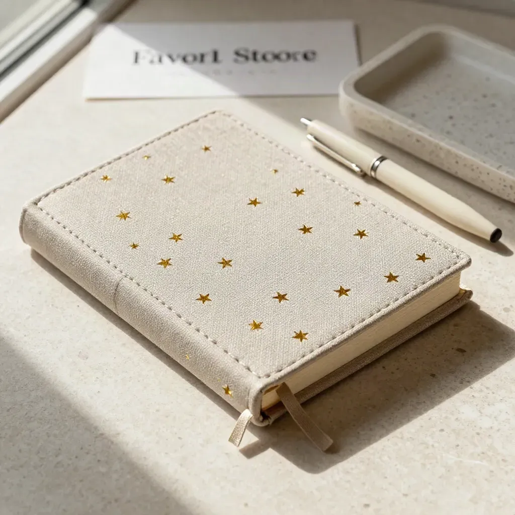 Quaderno rigido con stelle dorate, penna semplice e vassoio su travertino.