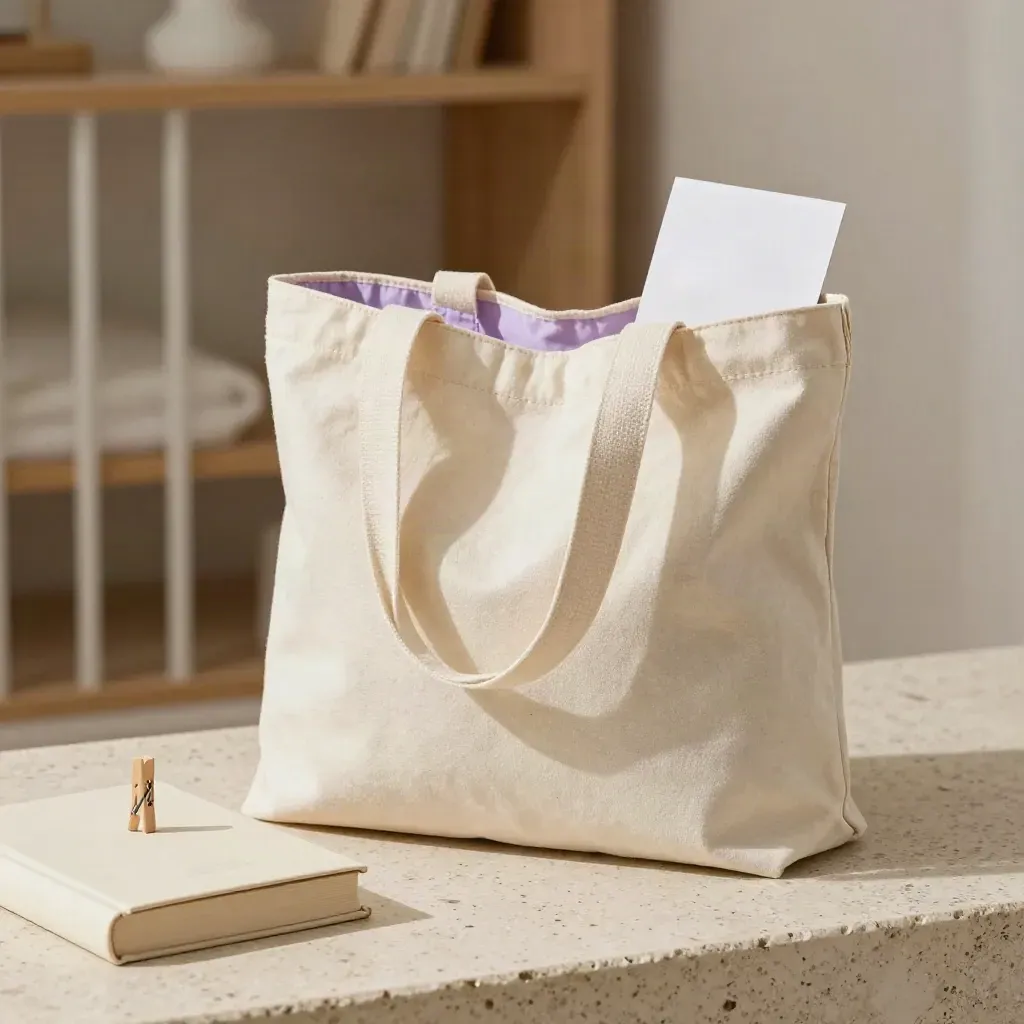 Borsa in cotone aperta con libro chiuso e molletta di legno su travertino chiaro