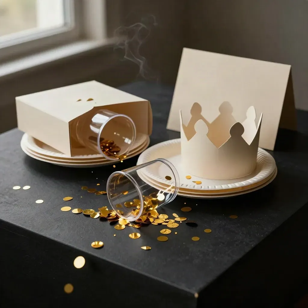 Kit festa unicorno aperto con piattini, bicchieri, coroncina e coriandoli su fondo nero.