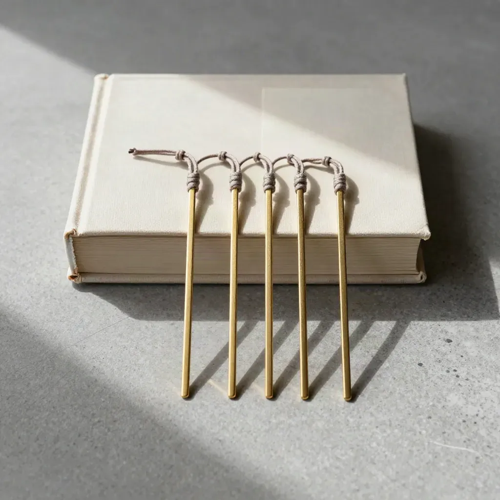 Segnalibri dorati sottili accanto a un libro chiuso su pietra chiara, visti dall’alto.