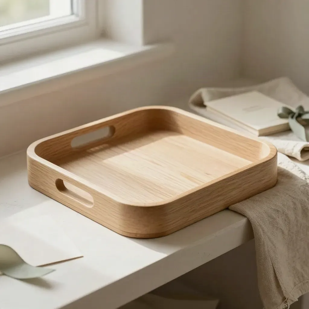 Vassoio in legno chiaro con lino piegato su sfondo crema, luce radente morbida.