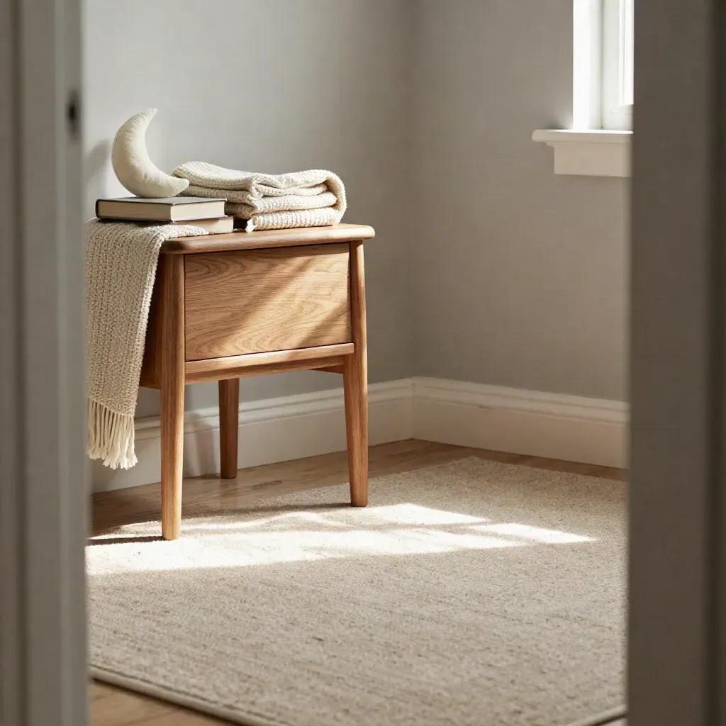 Angolo di cameretta con libro illustrato chiuso, coperta morbida e luce calda su tavolino in rovere.