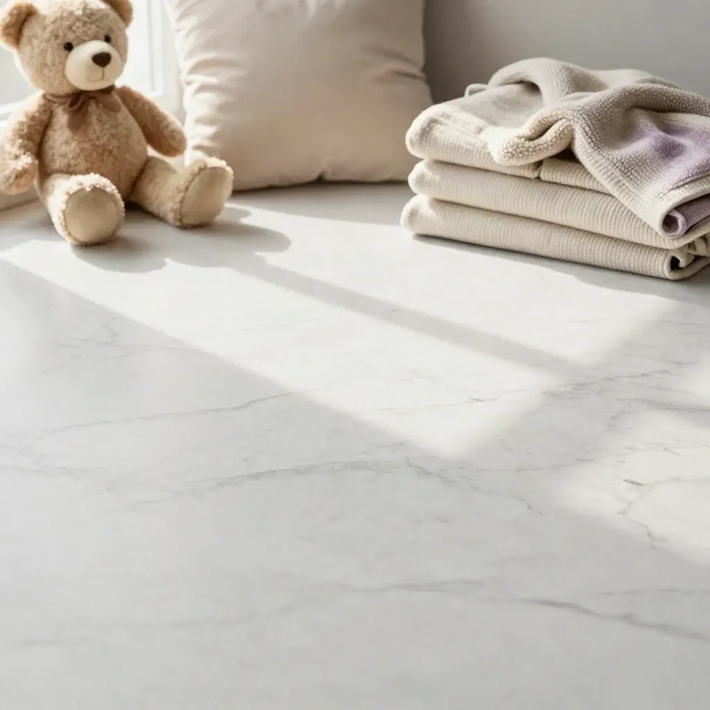 Orsetto sfocato, cuscino e coperta su marmo chiaro, con spazio calmo per il testo.