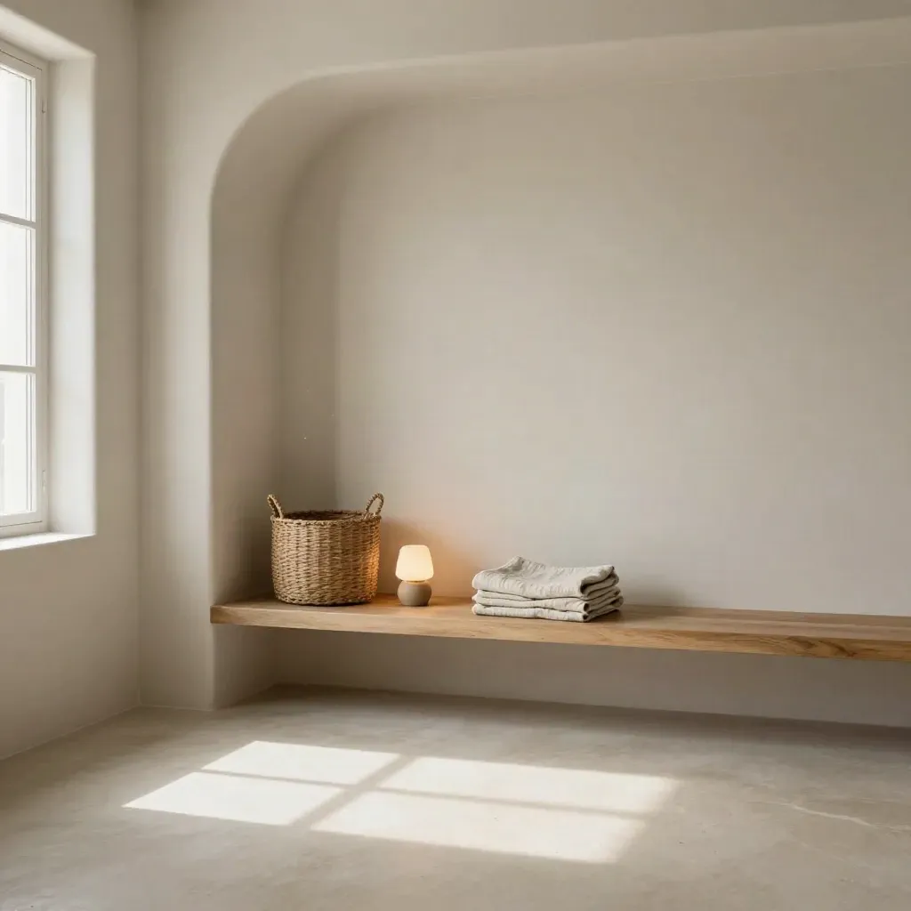 Cameretta luminosa con nicchia, mensola, cestino e lampada tenue, luce laterale e spazio vuoto.