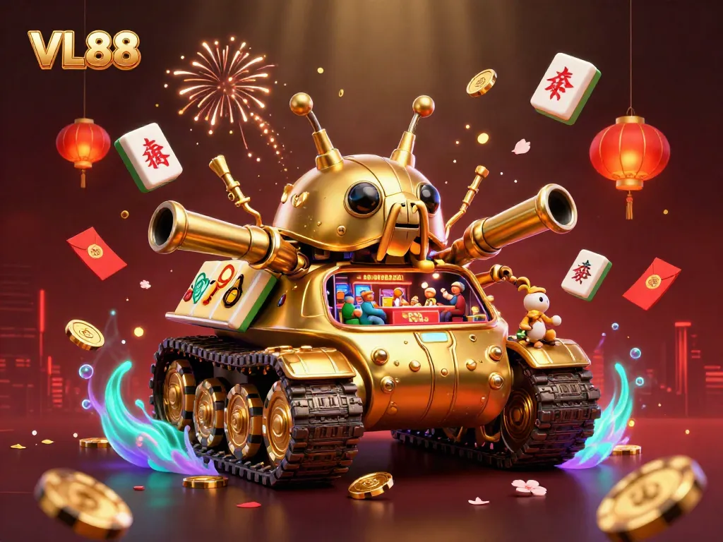Experience excitement at VL88 with a 3D golden beetle tank revealing a vibrant casino scene.