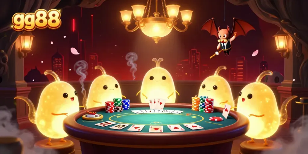 Experience the enchanting world of gg88 in a vibrant cave casino, illuminated by glowworms and featuring poker action.