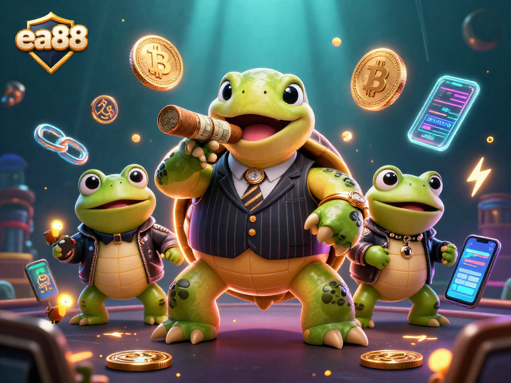Experience the thrill of ea88 with a vibrant casino illustration featuring a snapping turtle in a mobster suit.