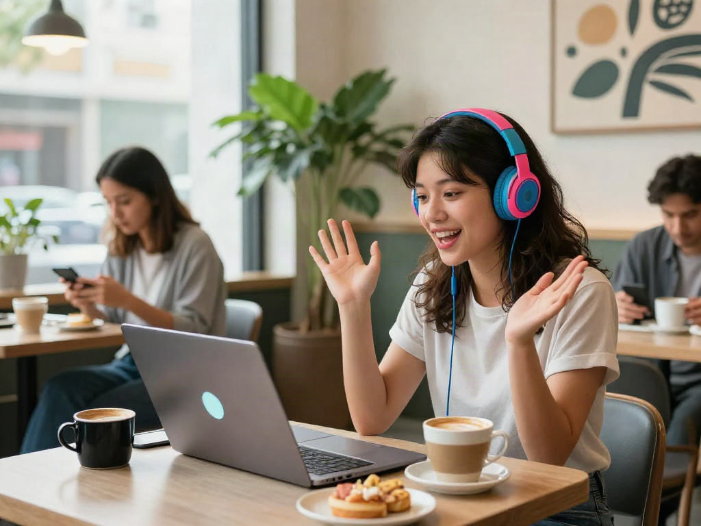 Young woman using spicy chat ai in a vibrant cafe, laptop open with AI chatbot interaction, coffee cups and pastries around.