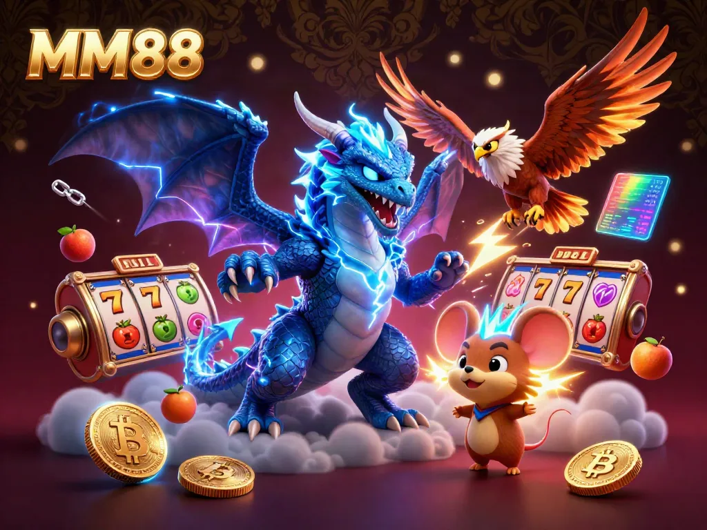 Experience thrilling MM88 slot games with vibrant characters and dynamic elements in an electrifying 3D scene.