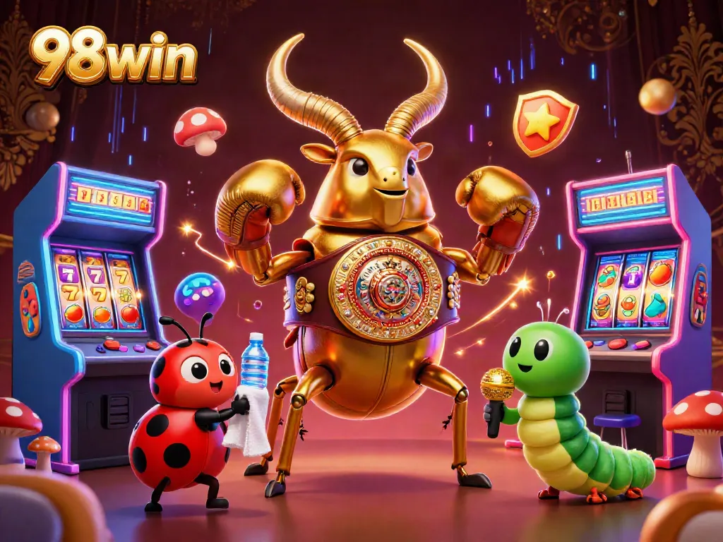 Join 98win in an exciting gambling adventure featuring a beetle champion and vibrant slot machines.