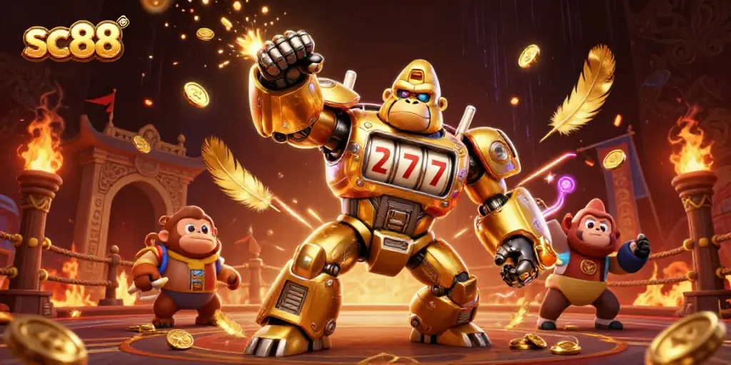 Experience thrilling gameplay with sc88's dynamic casino-themed 3D illustration featuring a golden gorilla mech.