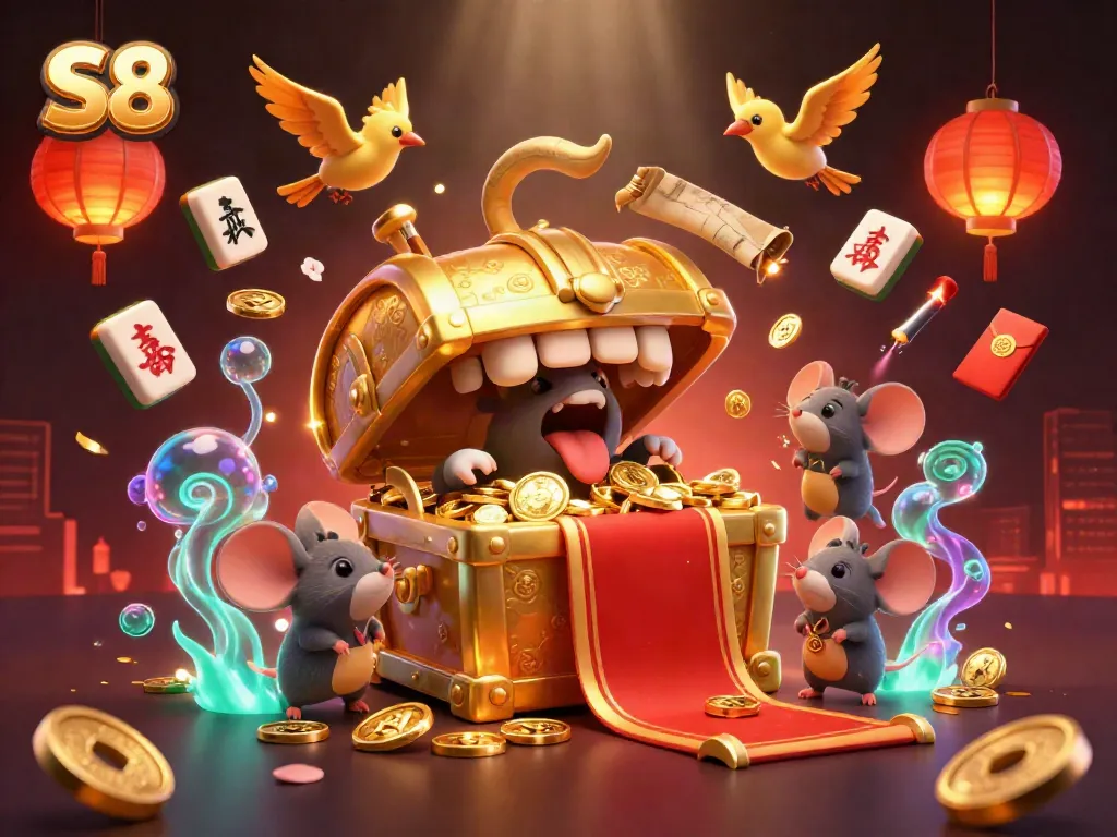 Engaging illustration of S8's exciting online casino world, featuring golden treasure and festive game elements.